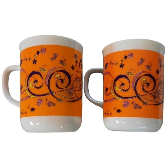 Vintage Japanese Ceramic Coffee Mug Set - Vibrant‎ Orange & Floral Design - Picture 2 of 8
